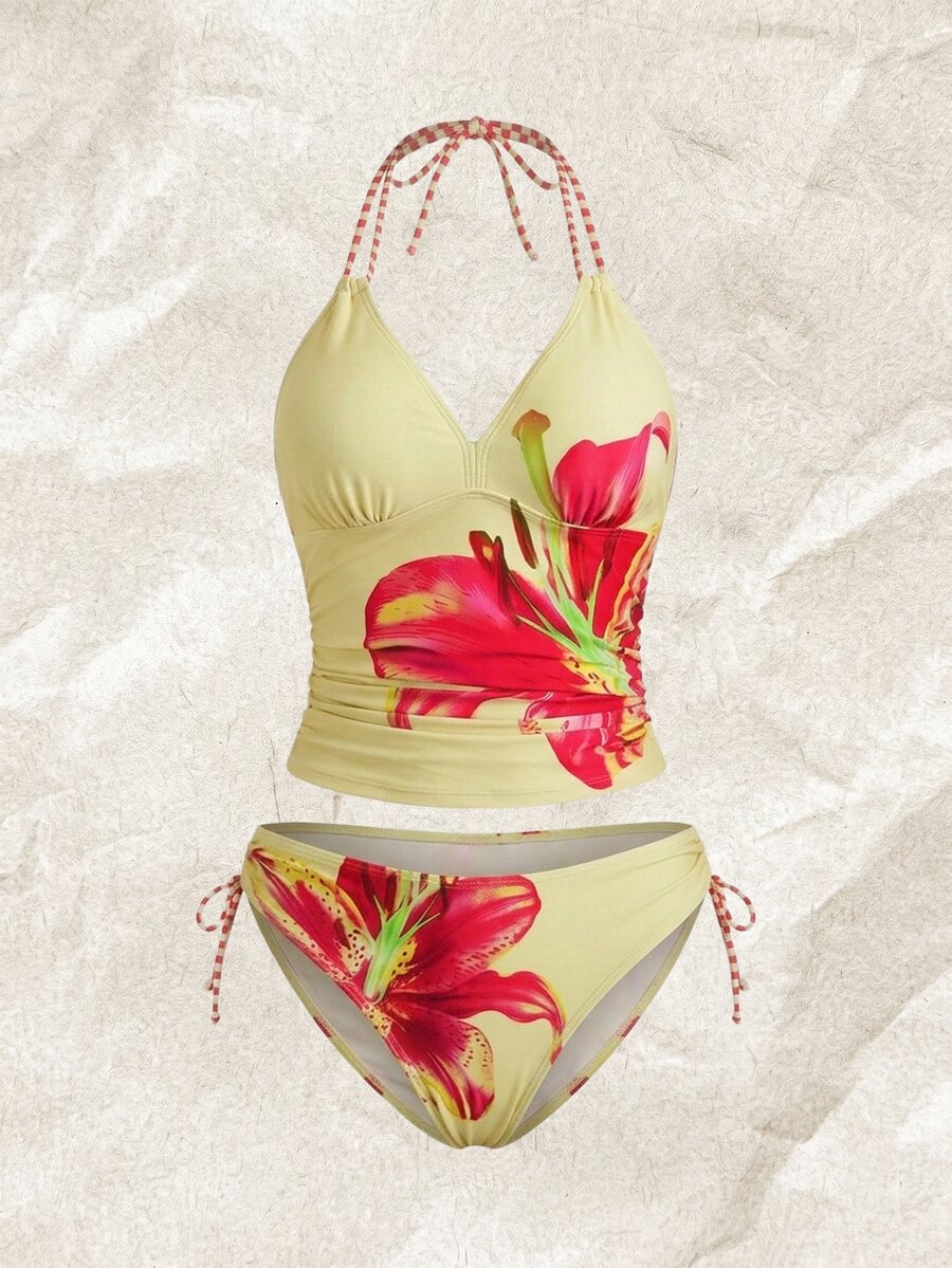 Bellisia New Spring/Summer Women's Position Printed Lace-Up Tankini Swimwear Set, Swimwears Tummy Control, Yellow Bathing Suit Top - Multicolor - View 1