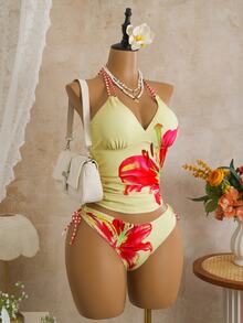 Bellisia New Spring/Summer Women's Position Printed Lace-Up Tankini Swimwear Set, Swimwears Tummy Control, Yellow Bathing Suit Top - Multicolor - View 6