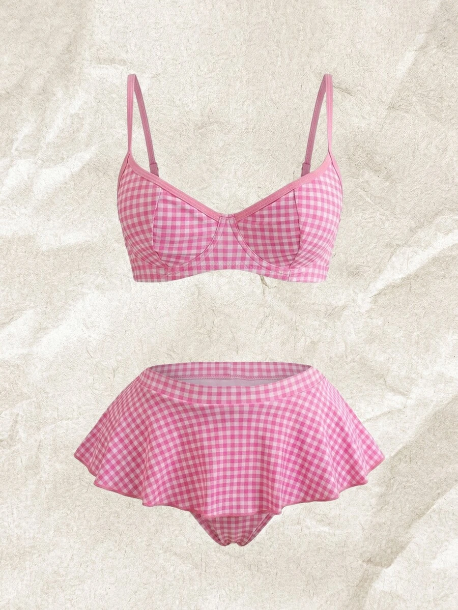 Bellisia Women's 2 Pieces Plaid Print Tankini Swimwear With Underwire, Suitable For Summer Beach - Pink - View 1