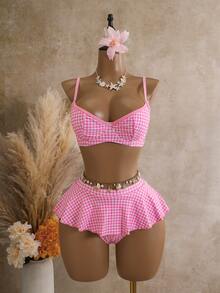 Bellisia Women's 2 Pieces Plaid Print Tankini Swimwear With Underwire, Suitable For Summer Beach - Pink - View 6