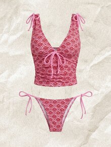 Elavelle Women's Retro Print Deep V-Neck Backless Camisole & Tie-Side Triangle Bikini 2-Piece Swimwear Set,Pink,Summer,Boho,Beach Party,Holiday,Holiday Suits - Multicolor - View 1