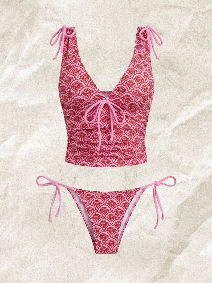 Elavelle Women's Retro Print Deep V-Neck Backless Camisole & Tie-Side Triangle Bikini 2-Piece Swimwear Set,Pink,Summer,Boho,Beach Party,Holiday,Holiday Suits - Multicolor - View 1