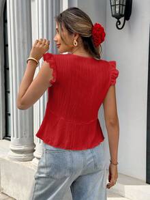 Pariaura Women's Red Textured Fabric Lace Patchwork Sleeveless V-Neck Tank Top,Cute Summer Boho Holiday Vacation Blouse With Lace Trim - Red - View 2