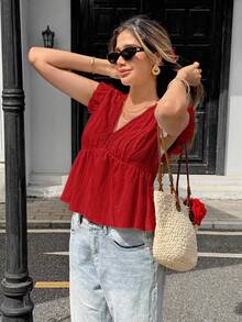 Pariaura Women's Red Textured Fabric Lace Patchwork Sleeveless V-Neck Tank Top,Cute Summer Boho Holiday Vacation Blouse With Lace Trim - Red - View 5