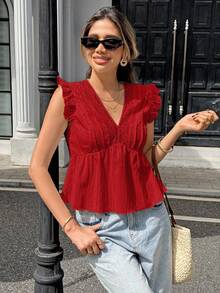 Pariaura Women's Red Textured Fabric Lace Patchwork Sleeveless V-Neck Tank Top,Cute Summer Boho Holiday Vacation Blouse With Lace Trim - Red - View 4