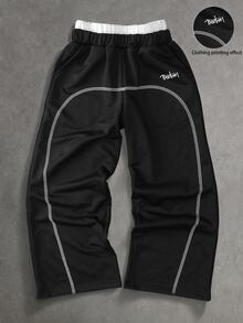 SHEIN Tween Boy Fashion Casual Wide Leg Letter Print Elastic Waist Sweatpants Autumn Winter - Black - View 1