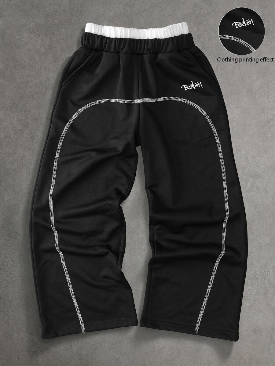 SHEIN Tween Boy Fashion Casual Wide Leg Letter Print Elastic Waist Sweatpants Autumn Winter - Black - View 1