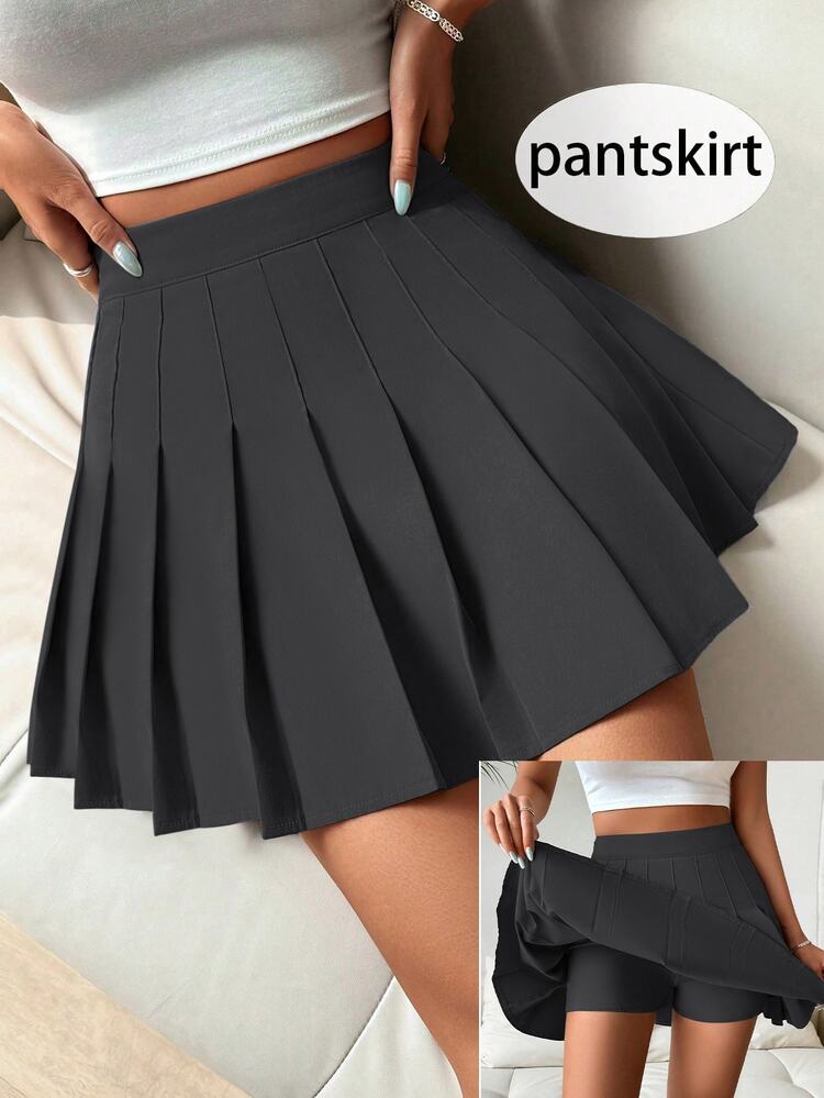 SHEIN PariChic Summer Casual Solid Color Pleated Shorts Skirt - Black - View 9