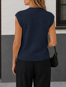 SHEIN PariChic Women's Autumn/Winter Casual Sleeveless Napoleon Button Round Neck Knit Vest - Navy Blue - View 3