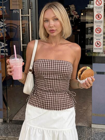 SHEIN PariChic Top tubo retro francés a cuadros , favorito de bloggers de Ins, estilo americano retro de verano en marrón y blanco, con lazo lateral, cintura ceñida, efecto estilizador, bustier sin tirantes, crop top ajustado casual Y2K