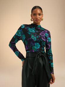 Dancing Leopard Black Floral Mesh Long-Sleeve Top, Everyday Weekend Wear - Multicolor - View 5
