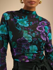 Dancing Leopard Black Floral Mesh Long-Sleeve Top, Everyday Weekend Wear - Multicolor - View 6