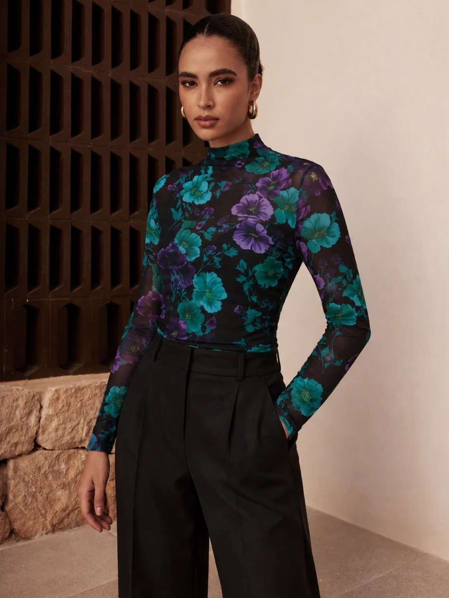 Dancing Leopard Black Floral Mesh Long-Sleeve Top, Everyday Weekend Wear - Multicolor - View 1