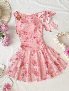 SHEIN Girlism 时尚优雅粉色碎花不对称肩连衣裙，适合青少年女孩，春季连衣裙，夏季粉色连衣裙，碎花度假连衣裙，夏季少女连衣裙，春季连衣裙，青少年女孩服装连衣裙，春季连衣裙 - 粉色 - 查看 3