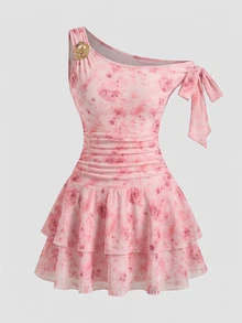 SHEIN Girlism 时尚优雅粉色碎花不对称肩连衣裙，适合青少年女孩，春季连衣裙，夏季粉色连衣裙，碎花度假连衣裙，夏季少女连衣裙，春季连衣裙，青少年女孩服装连衣裙，春季连衣裙 - 粉色 - 查看 2
