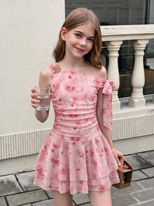 SHEIN Girlism 时尚优雅粉色碎花不对称肩连衣裙，适合青少年女孩，春季连衣裙，夏季粉色连衣裙，碎花度假连衣裙，夏季少女连衣裙，春季连衣裙，青少年女孩服装连衣裙，春季连衣裙 - 粉色 - 查看 1