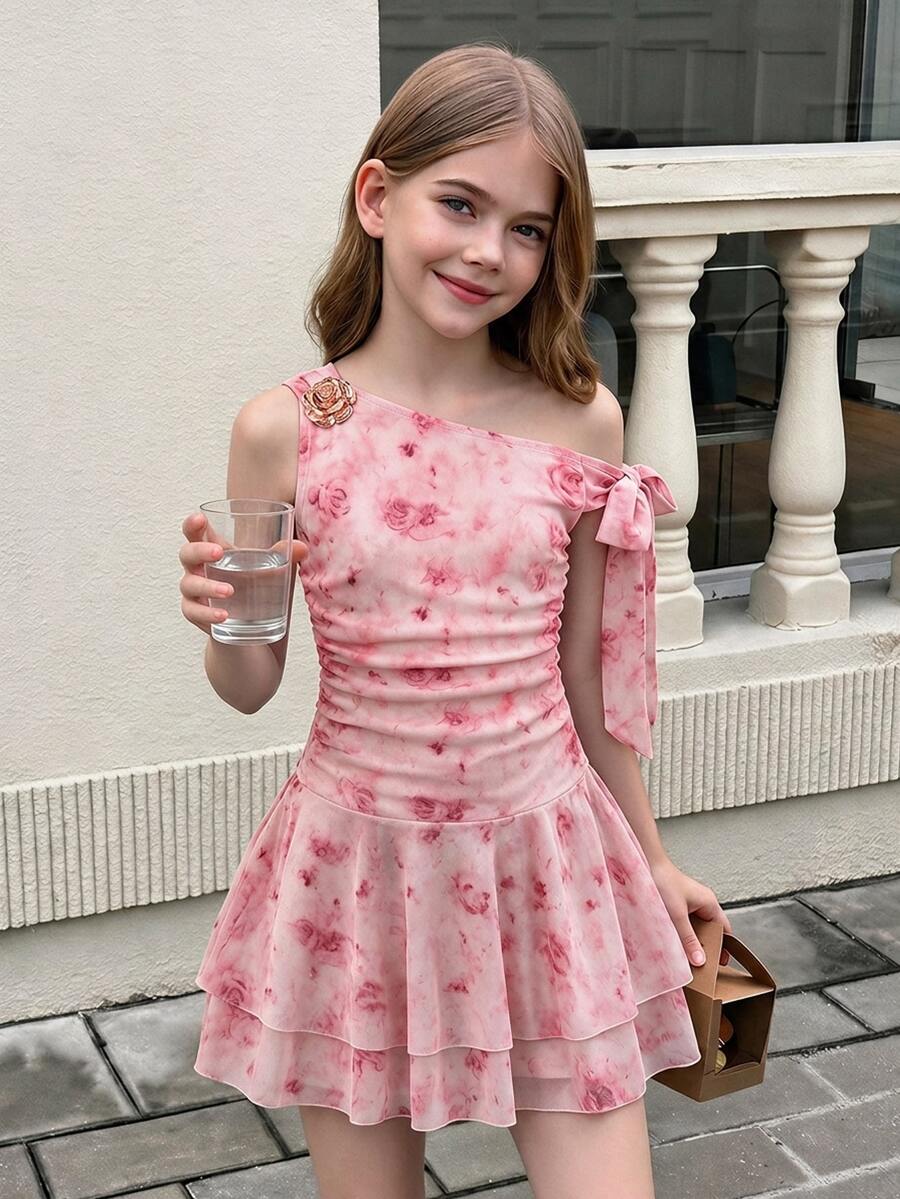 SHEIN Girlism 时尚优雅粉色碎花不对称肩连衣裙,适合青少年女孩,春季连衣裙,夏季粉色连衣裙,碎花度假连衣裙,夏季少女连衣裙,春季连衣裙,青少年女孩服装连衣裙,春季连衣裙 - 粉色 - 查看 1