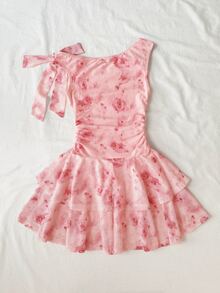 SHEIN Girlism 时尚优雅粉色碎花不对称肩连衣裙，适合青少年女孩，春季连衣裙，夏季粉色连衣裙，碎花度假连衣裙，夏季少女连衣裙，春季连衣裙，青少年女孩服装连衣裙，春季连衣裙 - 粉色 - 查看 4