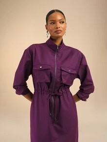 Dancing Leopard Purple Zip Front Drawstring Waist Midi Dress, Office Workwear - Purple - View 5