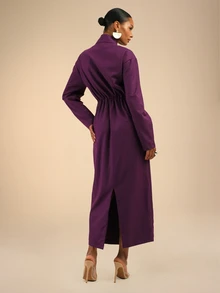 Dancing Leopard Purple Zip Front Drawstring Waist Midi Dress, Office Workwear - Purple - View 2
