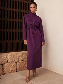 Dancing Leopard Purple Zip Front Drawstring Waist Midi Dress, Office Workwear - Purple - View 1