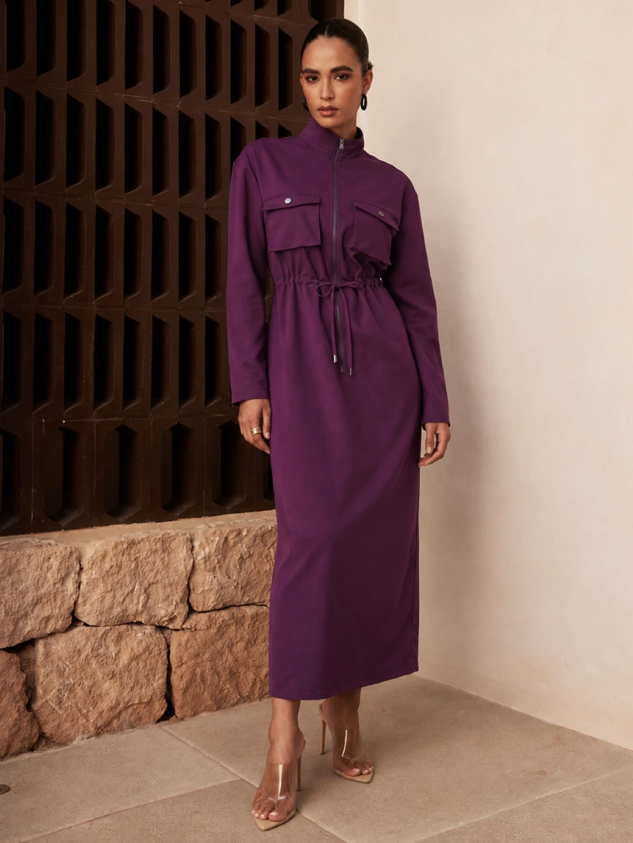Dancing Leopard Purple Zip Front Drawstring Waist Midi Dress, Office Workwear - Purple - View 1
