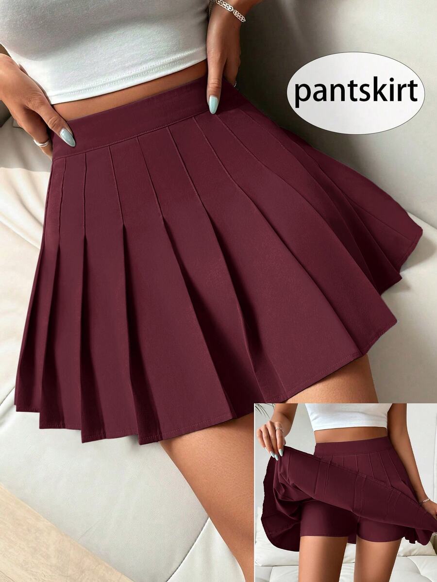 SHEIN Franclia 纯色百褶高腰休闲夏季半身裙 - 酒紅色 - 查看 1