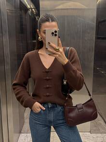 SHEIN Autumn Winter Simple Loungewear V Neck Front Frog Buttons Lantern Sleeve Slim Fit Women Knitted Pull - Brown - View 2