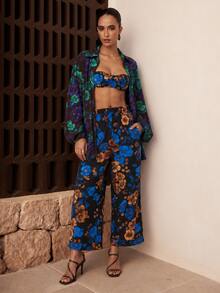 Dancing Leopard طقم منسق بقصة مريحة بطبعات زهور متنوعة، ملابس للعطلات/الإجازات - متعدد الألوان - مشاهدة 1