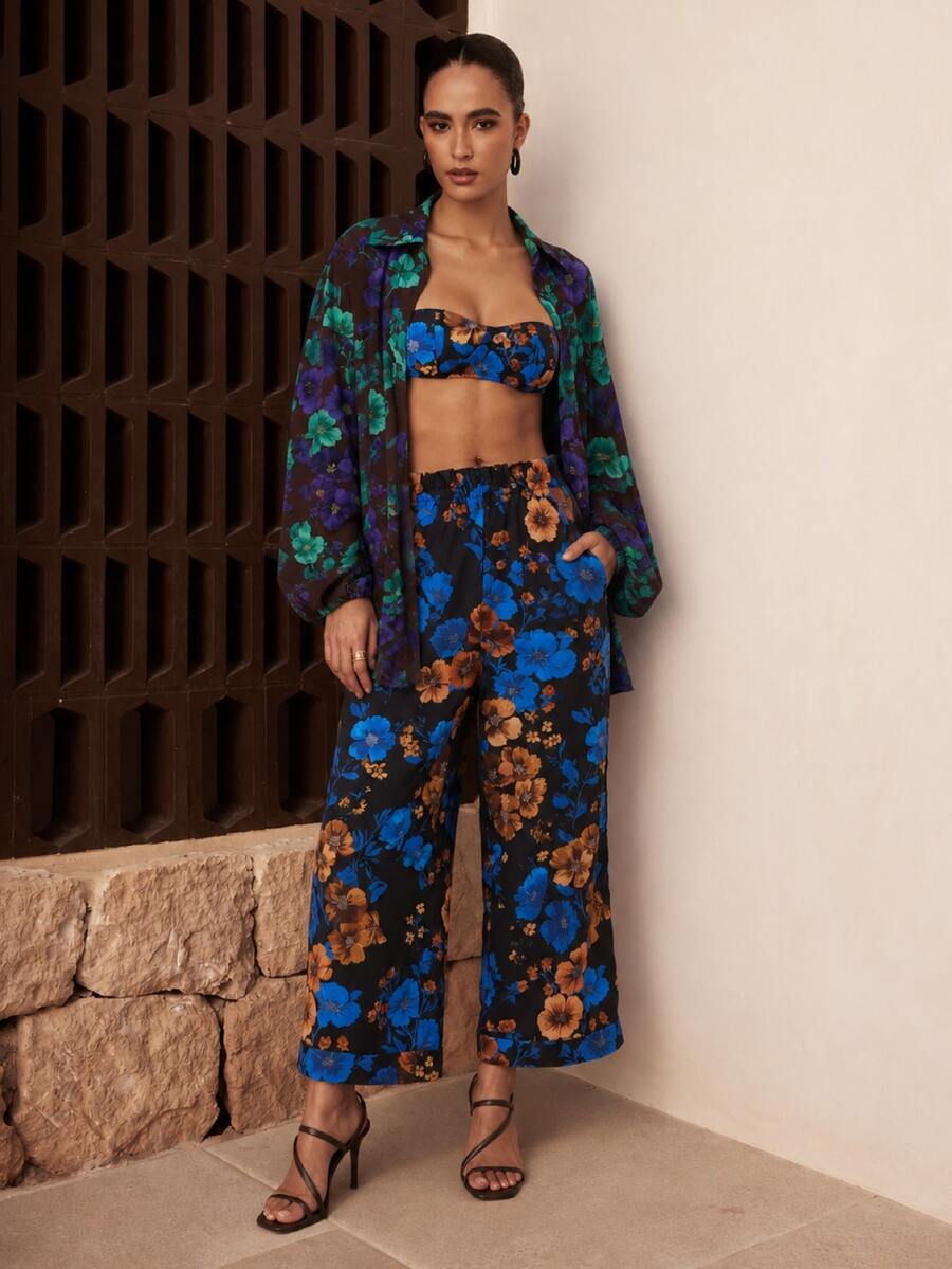 Dancing Leopard طقم منسق بقصة مريحة بطبعات زهور متنوعة، ملابس للعطلات/الإجازات - متعدد الألوان - مشاهدة 1