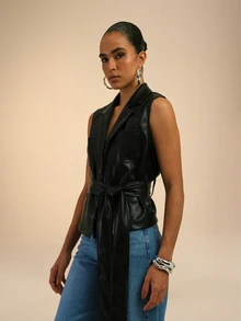 Dancing Leopard Blusa negra con cuello y cinturón envolvente, para uso diario y de fin de semana - Negro - Ver 5