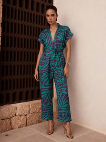 Dancing Leopard Green And Purple Animal Print Belted Jumpsuit, Holiday/Vacation Wear - Multicolor - View 1