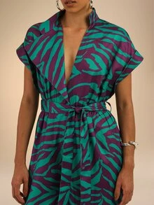 Dancing Leopard Green And Purple Animal Print Belted Jumpsuit, Holiday/Vacation Wear - Multicolor - View 3