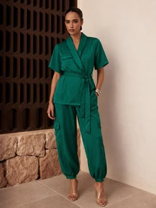 Dancing Leopard Green Belted Utility Balloon-Leg Co-Ord, Everyday Weekend Wear - Green - View 1