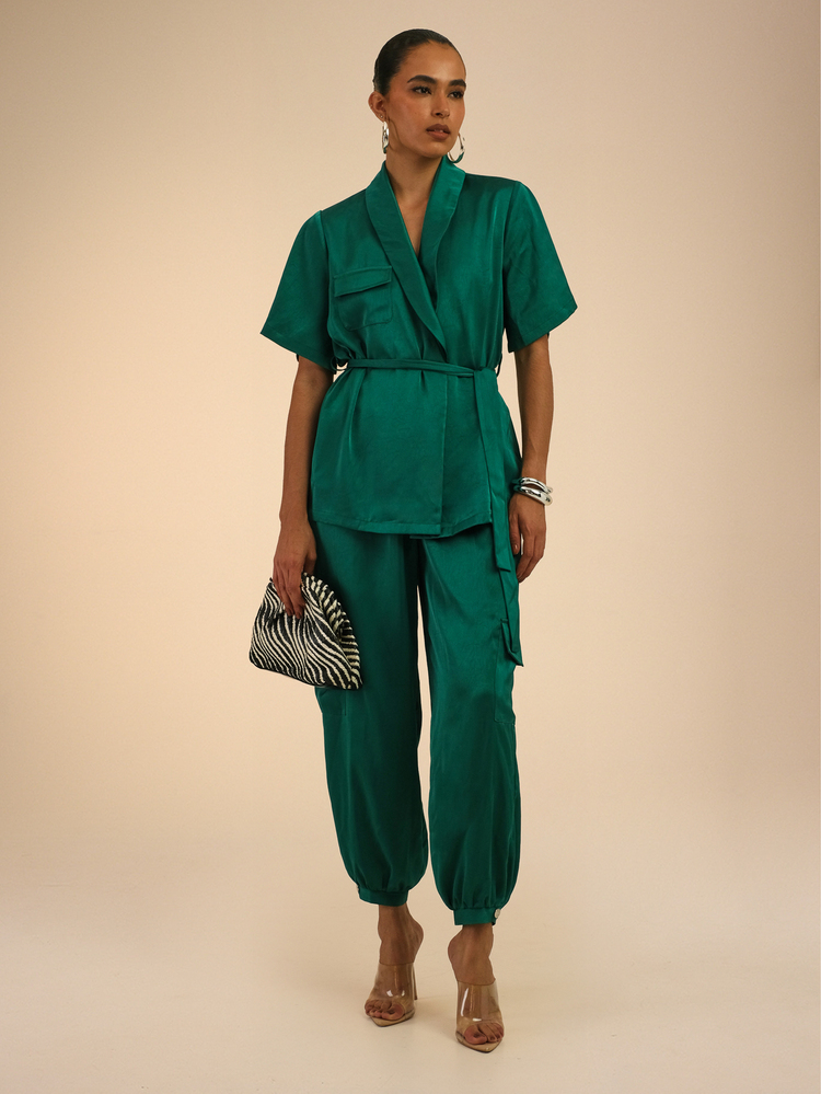 Dancing Leopard Green Belted Utility Balloon-Leg Co-Ord, Everyday Weekend Wear - Green - View 5