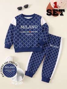 SHEIN 1 Ramdom Set:Young Boys Allover Print Letter Graphic Crewneck Sweatshirt And Sweatpants Fall Outfit Set Autumn Winter - Multicolor - View 5