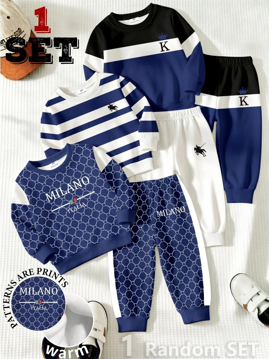 SHEIN 1 Ramdom Set:Young Boys Allover Print Letter Graphic Crewneck Sweatshirt And Sweatpants Fall Outfit Set Autumn Winter - Multicolor - View 1