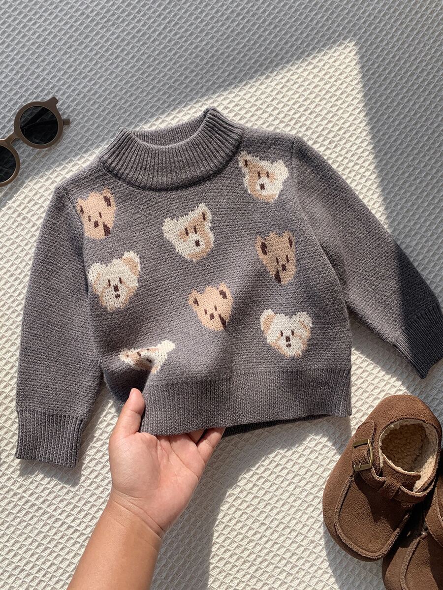 SHEIN Baby Boy Autumn/Winter Cute Cartoon Bear Mock Neck Sweater, Versatile Grey Sweater, Cute Grey Sweater - Multicolor - View 1