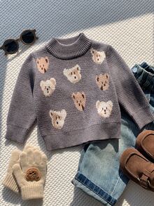 SHEIN Baby Boy Autumn/Winter Cute Cartoon Bear Mock Neck Sweater, Versatile Grey Sweater, Cute Grey Sweater - Multicolor - View 3