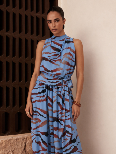 Dancing Leopard Blue Tiger Print High-Neck Tie-Waist Top, Everyday Weekend Wear