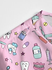 PopScrub Teeth Dental Tools Cartoon Print Women's Nurse Scrub Top, Autumn V-Neck Short Sleeve Double Pocket Side Slit Workwear Light Pink Princess Fancy - Multicolor - View 4