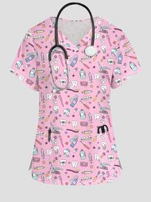 PopScrub Teeth Dental Tools Cartoon Print Women's Nurse Scrub Top, Autumn V-Neck Short Sleeve Double Pocket Side Slit Workwear Light Pink Princess Fancy - Multicolor - View 1