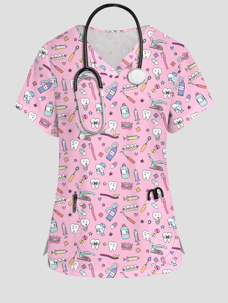 PopScrub Teeth Dental Tools Cartoon Print Women's Nurse Scrub Top, Autumn V-Neck Short Sleeve Double Pocket Side Slit Workwear Light Pink Princess Fancy - Multicolor - View 1