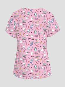 PopScrub Teeth Dental Tools Cartoon Print Women's Nurse Scrub Top, Autumn V-Neck Short Sleeve Double Pocket Side Slit Workwear Light Pink Princess Fancy - Multicolor - View 2