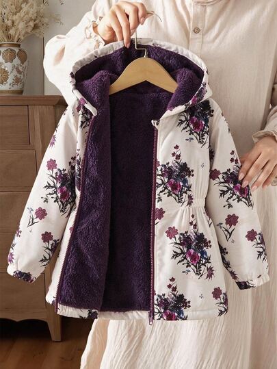 SHEIN Tween Girls Casual Back To School Winter Brown Apricot Floral Print Hooded Zipper Long Slv Jacket