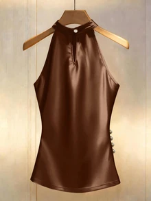 Franclia 女士优雅立领镂空纽扣无袖休闲背心，百搭夏季服装，青铜色缎面上衣，棕色优雅上衣，棕色吊带上衣，棕色缎面上衣，巧克力棕色上衣，巧克力棕色丝绸上衣，棕色优雅衬衫，缎面褶皱上衣，棕色缎面吊带上衣，吊带领上衣，女士丝绸上衣，优雅正式上衣，女士缎面吊带上衣，女士服装上衣，优雅女士上衣，晚宴精致上衣，女士奢华连衣裙，女士缎面连衣裙，女士优雅晚宴连衣裙 - 棕色 - 查看 2