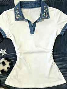 IslaSuriya 【印花設計】女款花卉圖案 Polo 領短袖休閒可愛 T-shirt 野餐校園白色花卉夏季上衣 - 彩色 - 查看 6