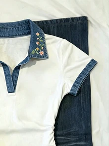 IslaSuriya 【印花設計】女款花卉圖案 Polo 領短袖休閒可愛 T-shirt 野餐校園白色花卉夏季上衣 - 彩色 - 查看 5