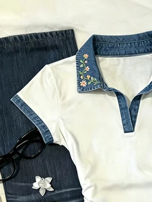 IslaSuriya 【印花設計】女款花卉圖案 Polo 領短袖休閒可愛 T-shirt 野餐校園白色花卉夏季上衣 - 彩色 - 查看 4