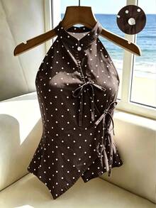 SHEIN Rosurelle New Chinese Style Cold Shoulder French Polka Dot Tie-Up Sleeveless Tank Top, Fashionable Elegant Vintage Cardigan Blouse, Slimming Gentle Shirt - Coffee Brown - View 2